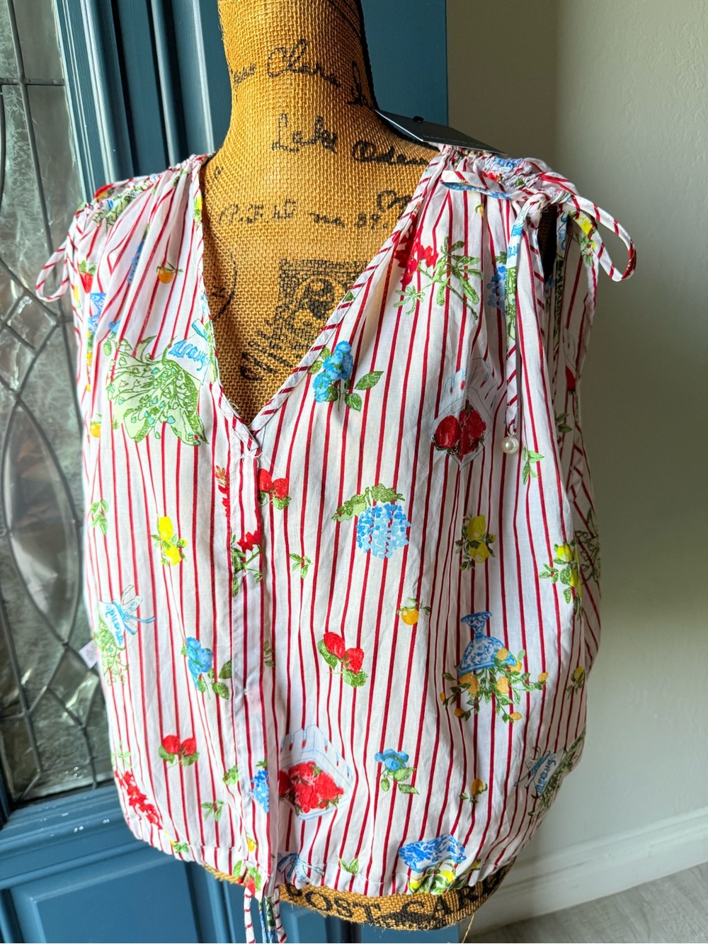 New York & Company Red and White Striped Floral Tie-Shoulder Blouse
